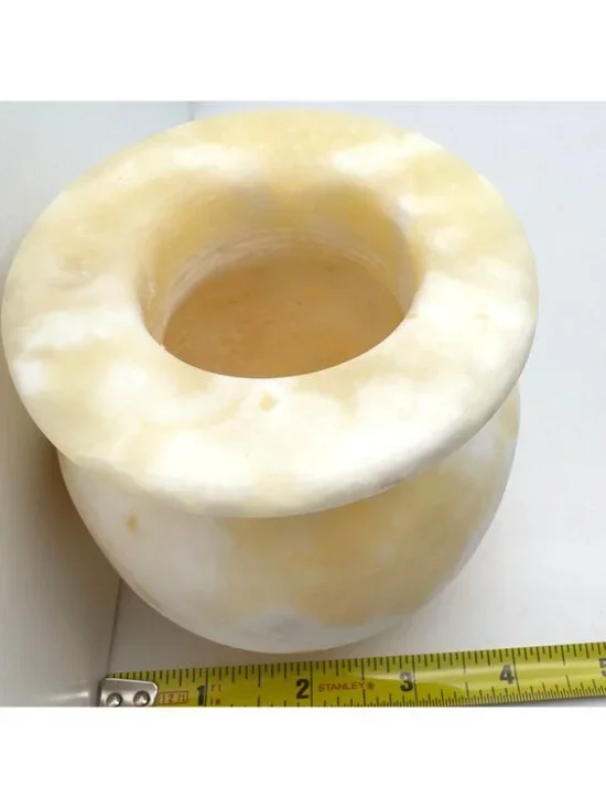 80s MCM Alabaster Stone Candle Holder Yellow-White Swirl Pattern Rounded 5" - Picture 2 of 8